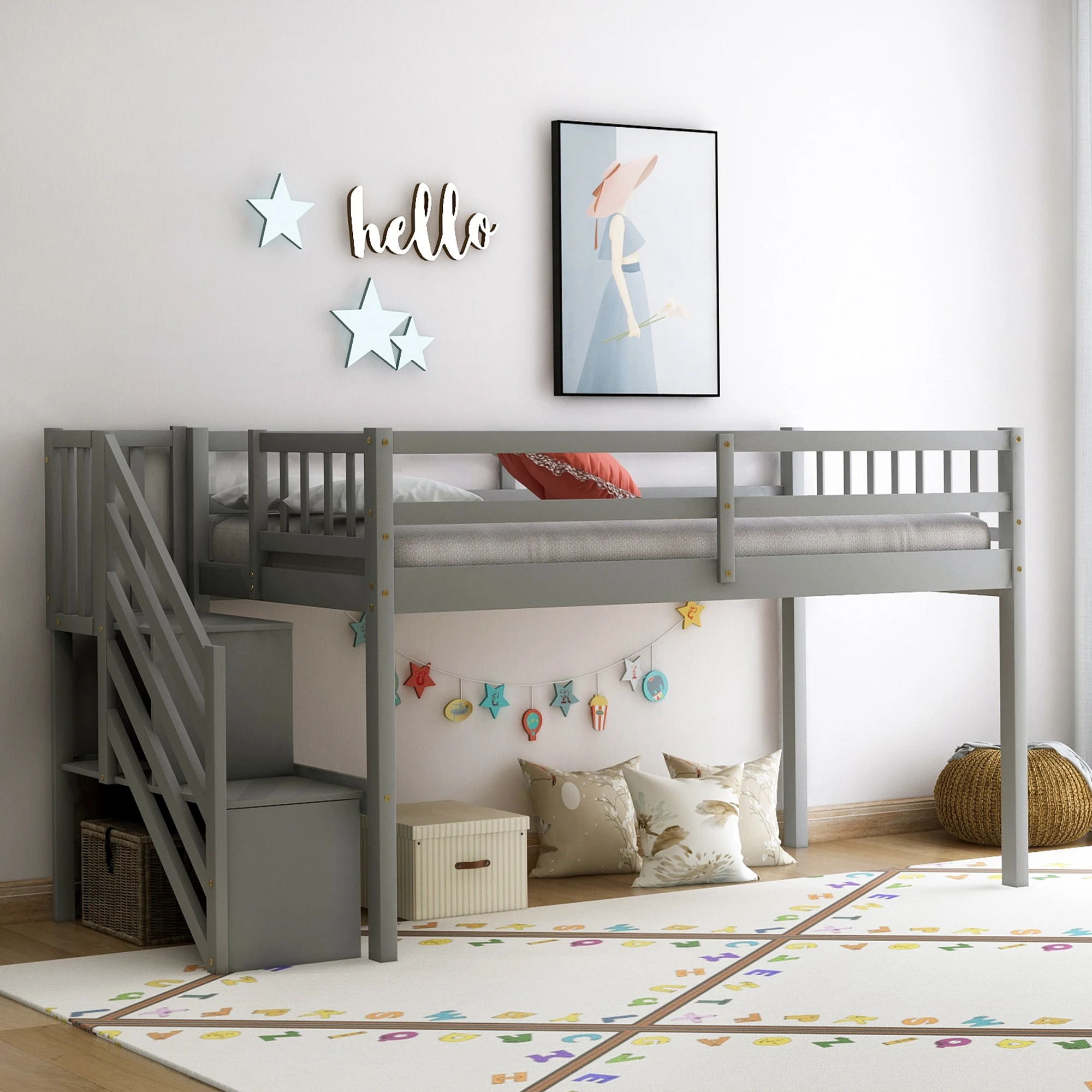 

Solid Wood Twin Over Full Bunk Bed with Two Storage Drawers, Gray