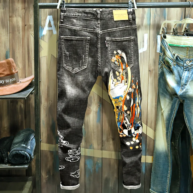 summer 2021 hot heavy embroidery black mens jeans small feet slim brand authentic high end stretch pants korean chinese style free global shipping