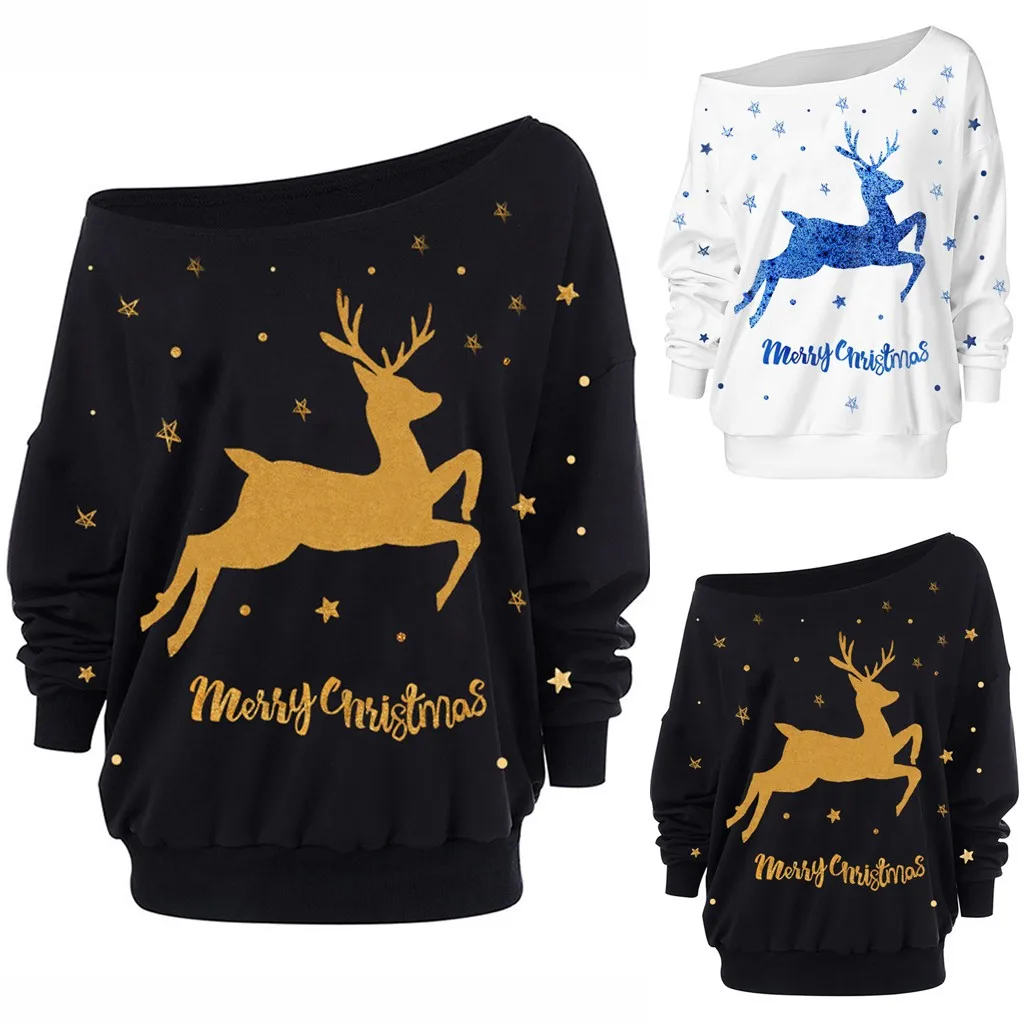

New Women Christmas Sweater Diagonal Collar Elk Print Long Sleeve Sweaters Fashion Loose Tops Women Clothes Christmas Pullover