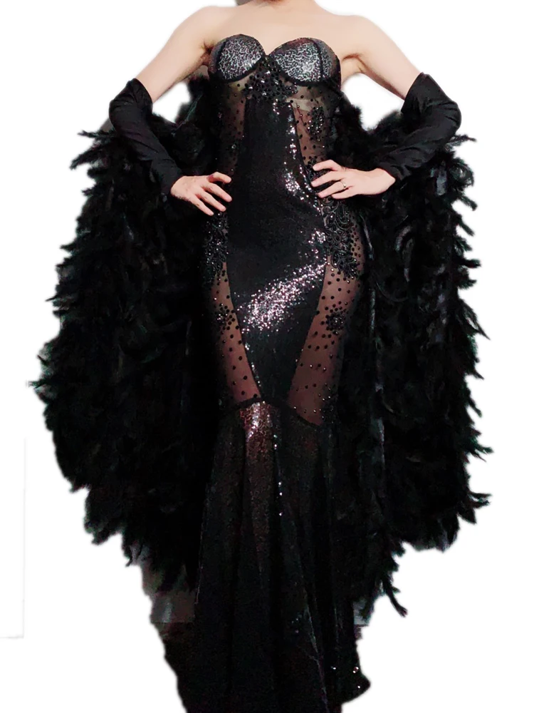 Блестящее посылка но-белое платье стразы с перьями для вечеринки | Китайский