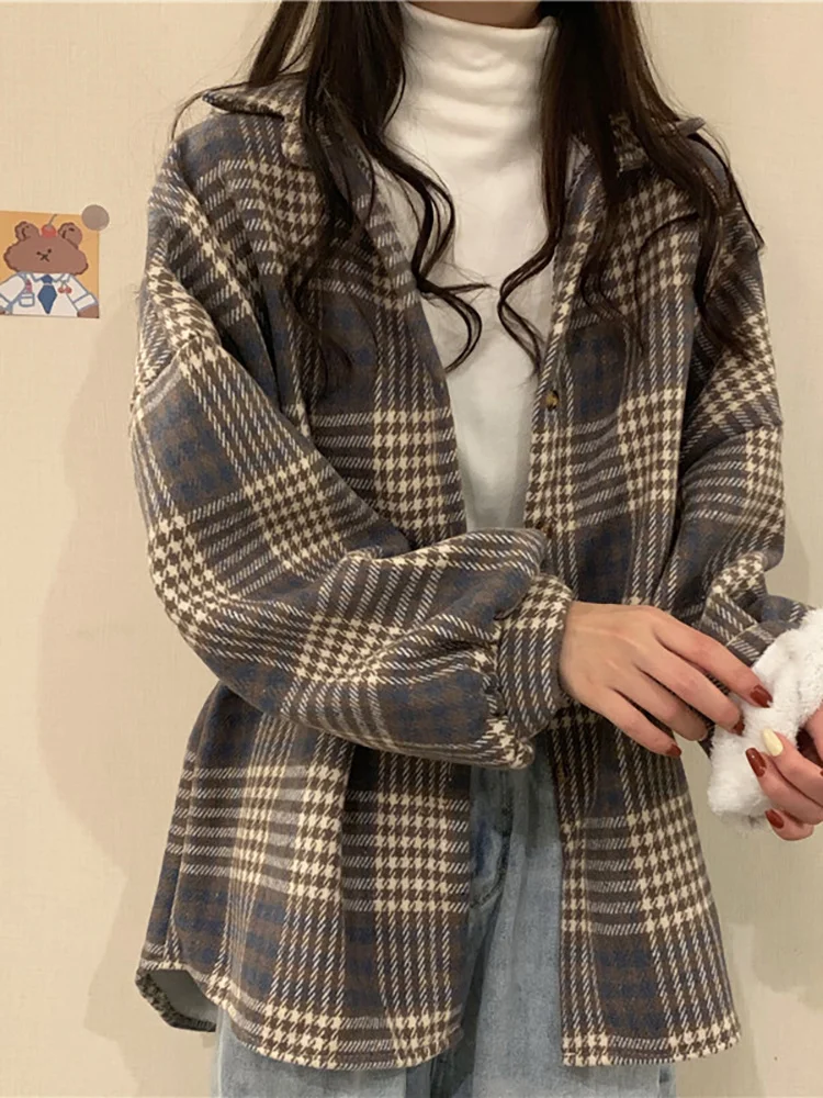 Женская утепленная блузка Свободное пальто средней и длины в клетку с матовым