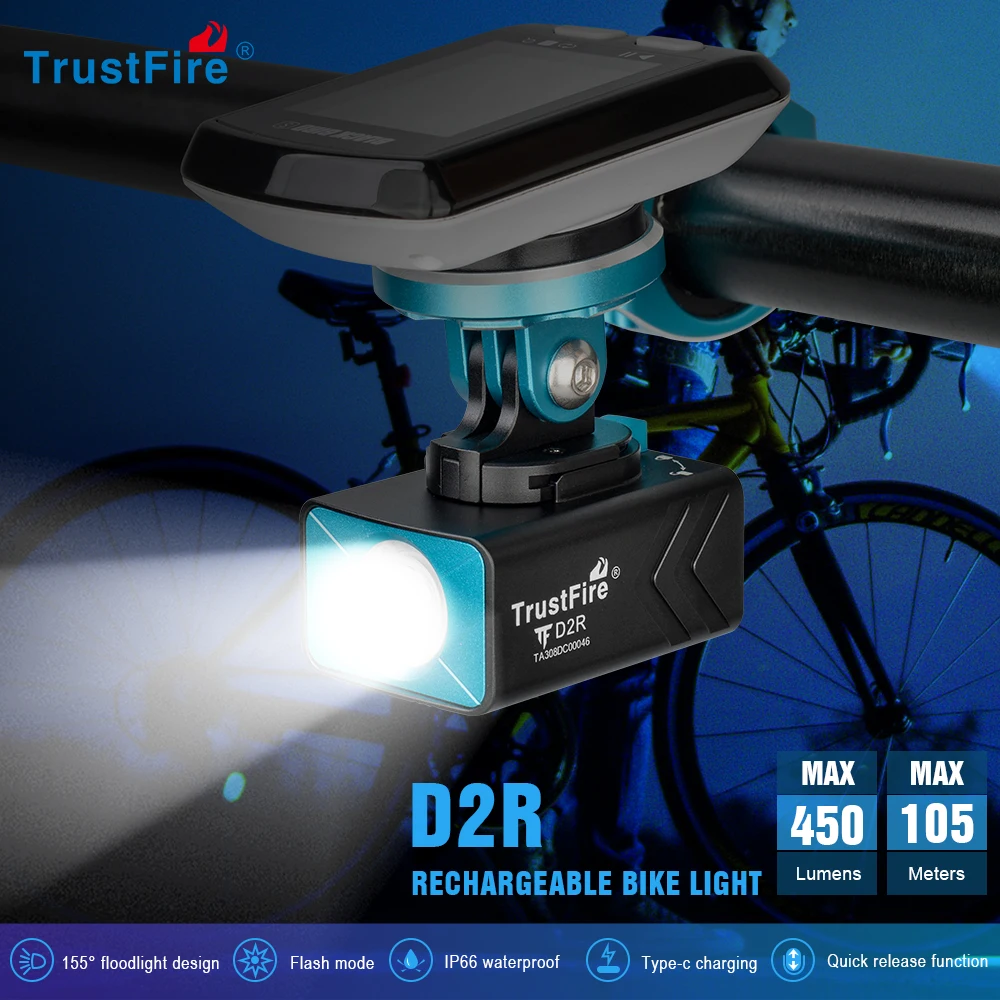 TrustFire D2R Bike Light Front 450LM Rechargeable Bicycle Front Flashlight Compact Bike Lamp Headlight 1600mAh Battery