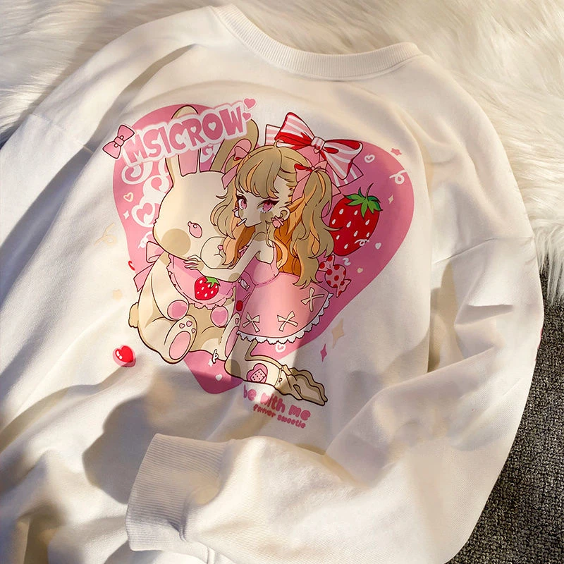 Женский свитшот с длинным рукавом розово-красный аниме принтом Love Girl японская