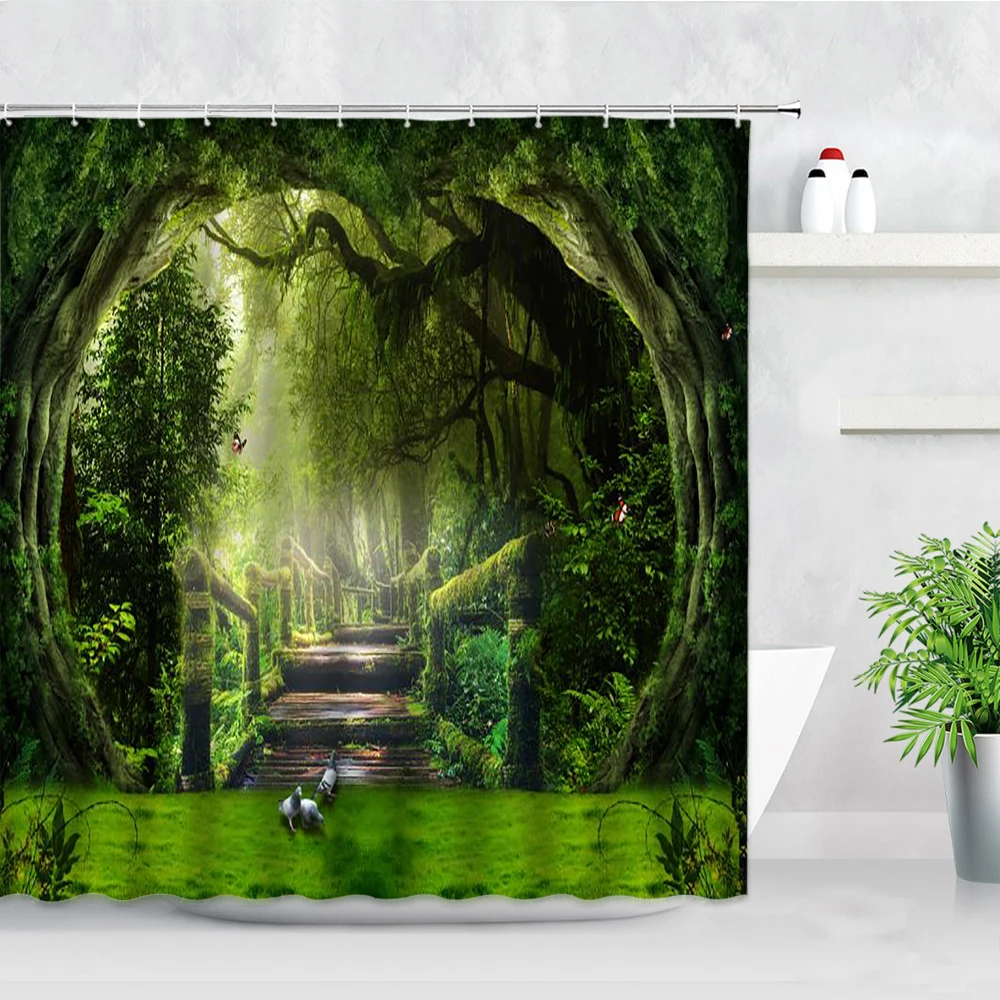 

Оригинальная занавеска для душа «Dream Forest» s, зеленые джунгли, деревянная перемычка для сада, природный пейзаж, водонепроницаемая декоративн...