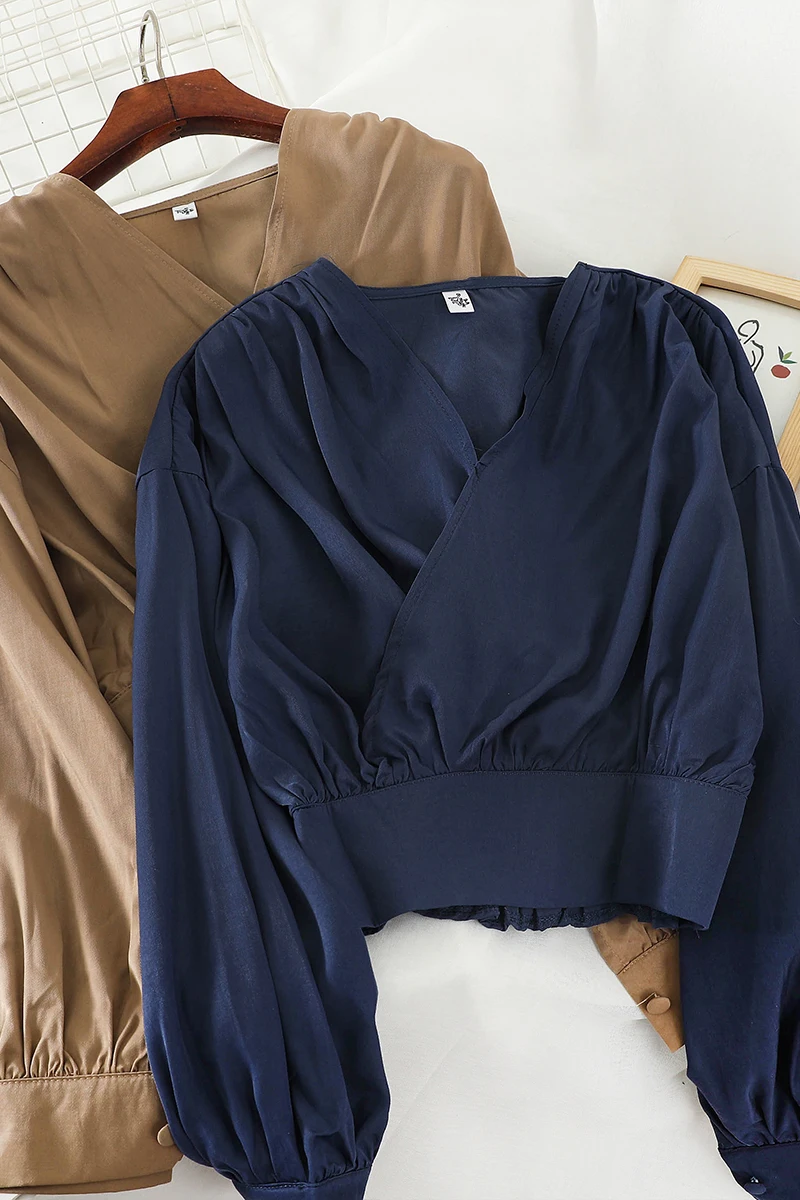 HELIAR Shirt Women Elegant Silky Satin Long Sleeve Spring Deep V-Neck Female Loose Casual England Blouse | Женская одежда