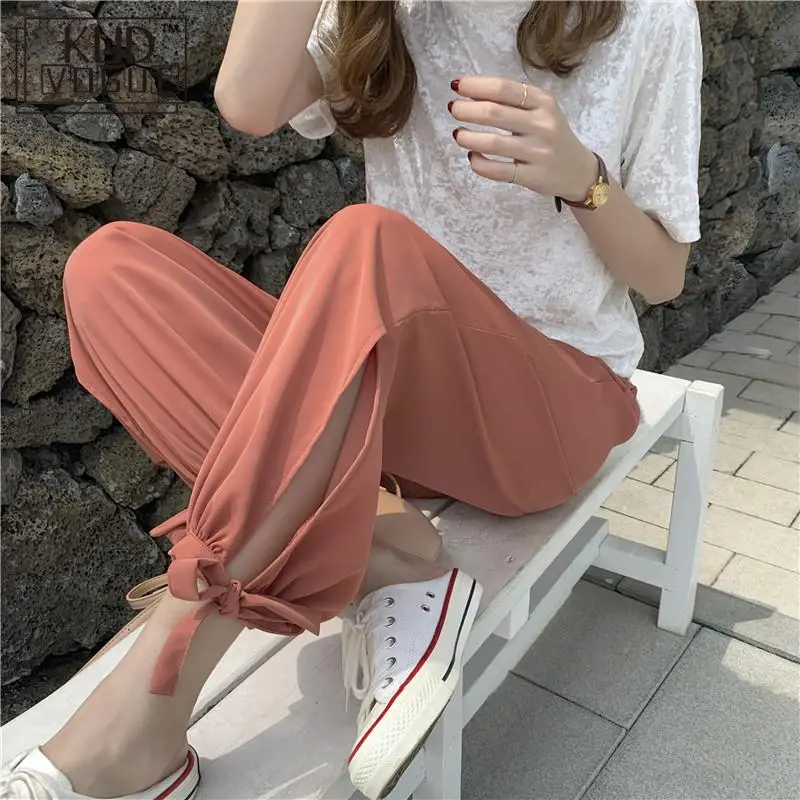 Весенние и летние широкие брюки свободные с бантом женские модные высокой