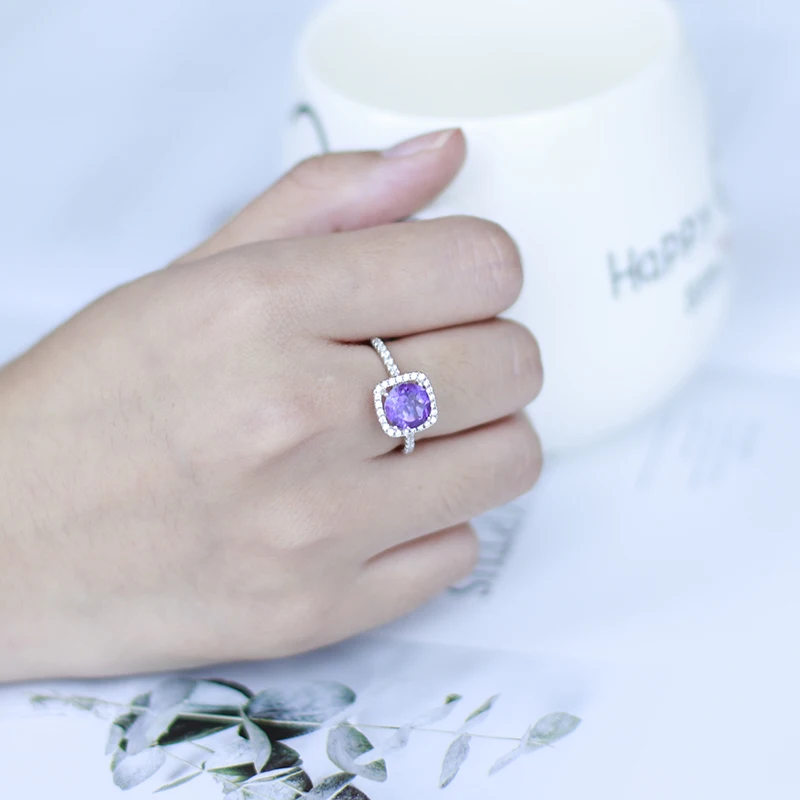 Gem's Ballet 925 Sterling Silver 2.57Ct Natural Round Stone Amethyst Rings For Women Wedding Square halo Ring Fine Jewelry | Украшения