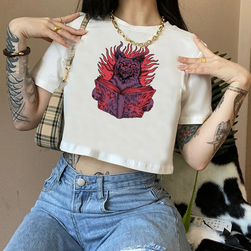 

Gothic Punk Y2K Harajuku Dark Cartoon Summer Top T-shirt Loose Casual High Street Clothing Print Round Neck Short Sexy Crop