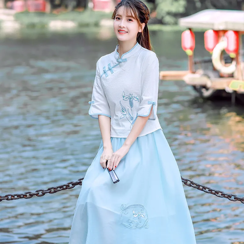 Восточная одежда литературная маленькая свежая вышитая летняя рубашка из хлопка