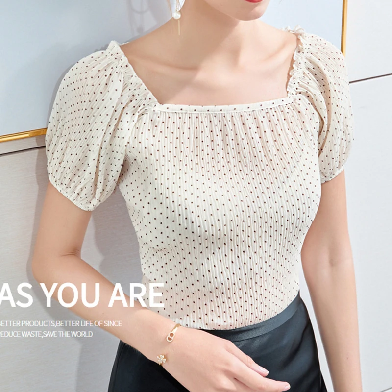 

Latin Dance Top Rumba Cha Cha Samba Tango Salsa Practice Clothing Puff Sleeve Chiffon T-Shirt Square Collar Tops Women DN5669