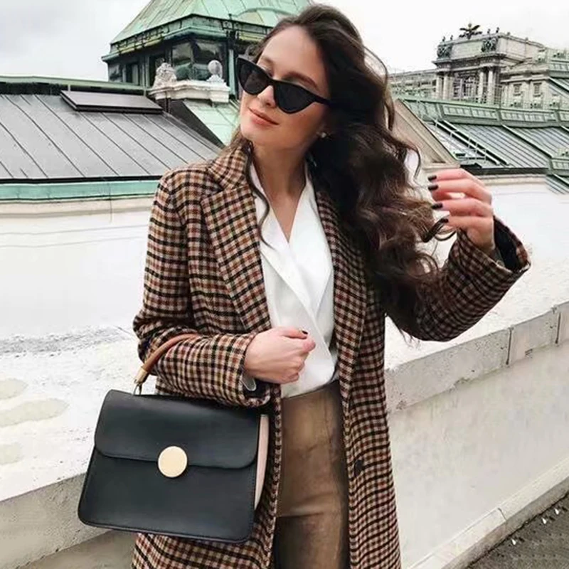 Женский Повседневный клетчатый костюм ZA куртка с длинными рукавами и отложным