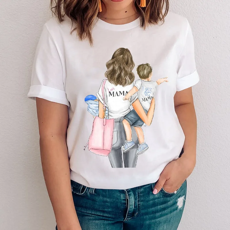 

Women Graphic Happy Time Lovely Cartoon Mom Mama Mother Boy Son Printed T-Shirt Clothes Lady Tops Tees Summer Female Tshirt
