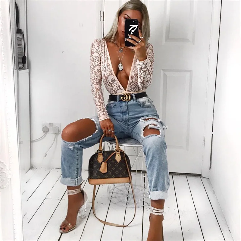 2019 осень INS Горячая Кружева выдалбливают женщин сексуальный глубокий V шеи