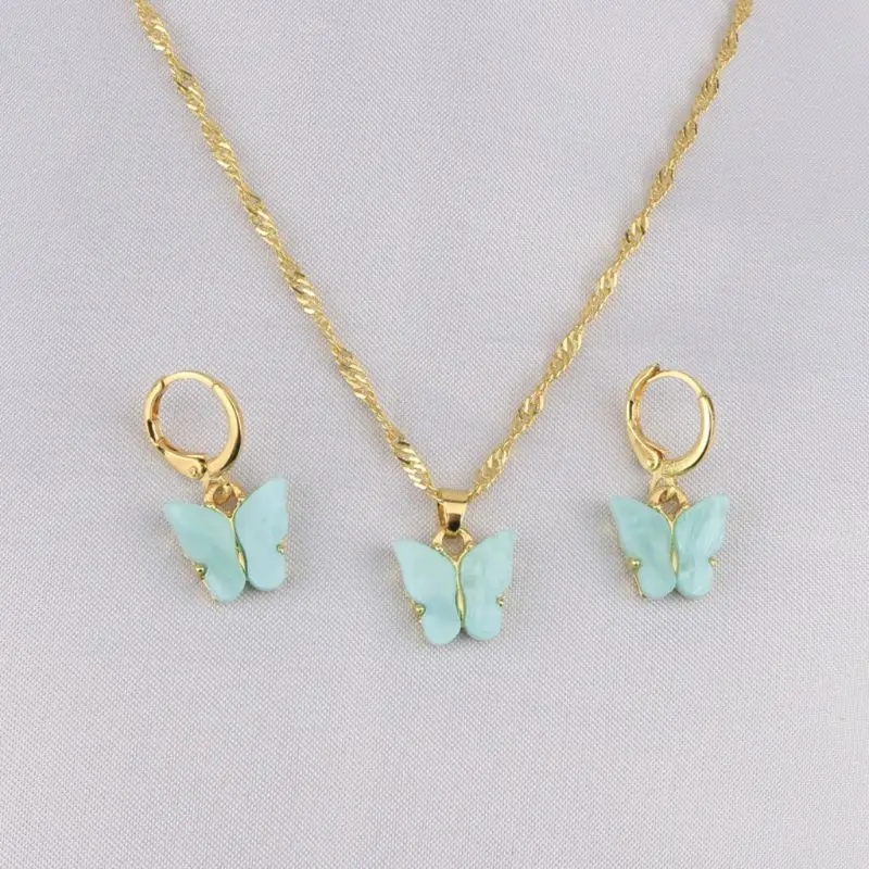 

2021 New Chic Acrylic Butterfly Pendant Drop Earrings Tiny Dainty Mini Butterfly Pendant Necklace Jewelry Set for Women Girls