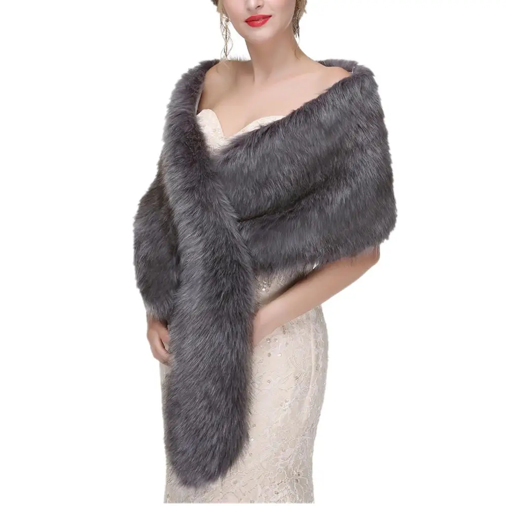 Women Winter Faux Fox Fur Coat Jacket Faux Fur Shawl Wrap Stole Bridal Wedding Cover Up