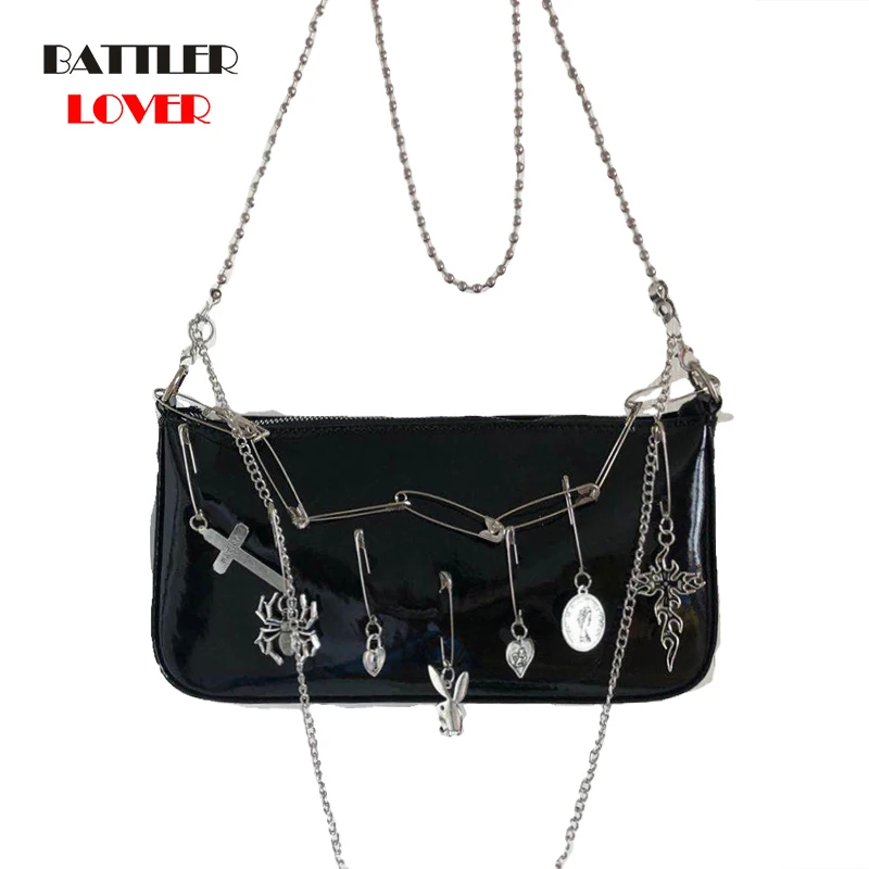 

Steampunk Womens Shoulder Bag Cool Girl Pin Metal Chain Design PU Bag Handbag Female Underarm Flaps Ladies Messenger Bag Satchel