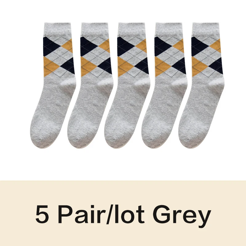 5pairs grey Высокое качество, весна-осень, мужские хлопковые носки, британский стиль, ромбовидная линия, с принтом, повседневные носки в деловом стиле, подарки для мужчин, 5 пара/лот - Цвет: 5pairs grey