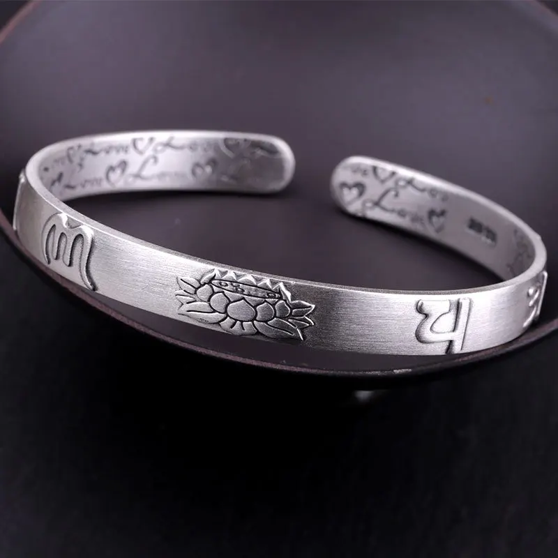 

999 Sterling Silver Lotus Bangle Six Words Embossed Opening Cuff Bracelet For Women Mantra Buddhist Jewelry