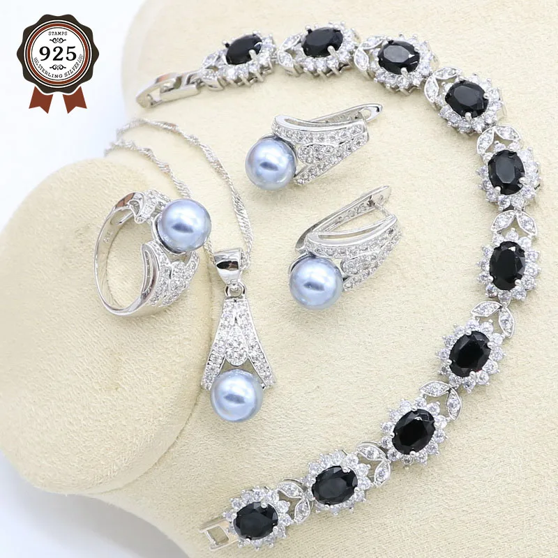 Серый жемчуг серебристый цвет искусственный черный циркон браслет кольцо серьги