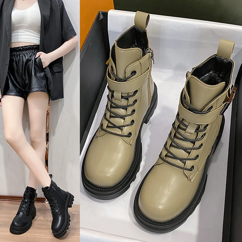 

Fashion Leather Martin Boots Women Ankle Boots Comfortable Plush White Black Platform Boots Woman Winter Fur Women Chunky Boots