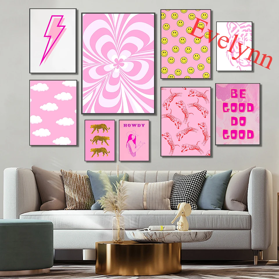 

Pink Art Poster,Cheetah,Tiger,Butterfly,Cloud,Smiley Faces,Lightning Bolt,Preppy,Girls Room Decor Canvas,Nordic Wall Art Prints
