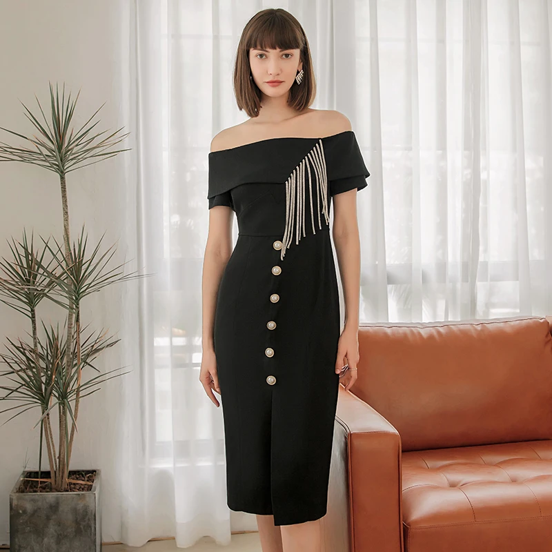 YIGELILA Fashion Women Black Dress Elegant Slash Neck Off Shoulder Bodycon Dress Solid Empire Slim Knee-length Dress 65862