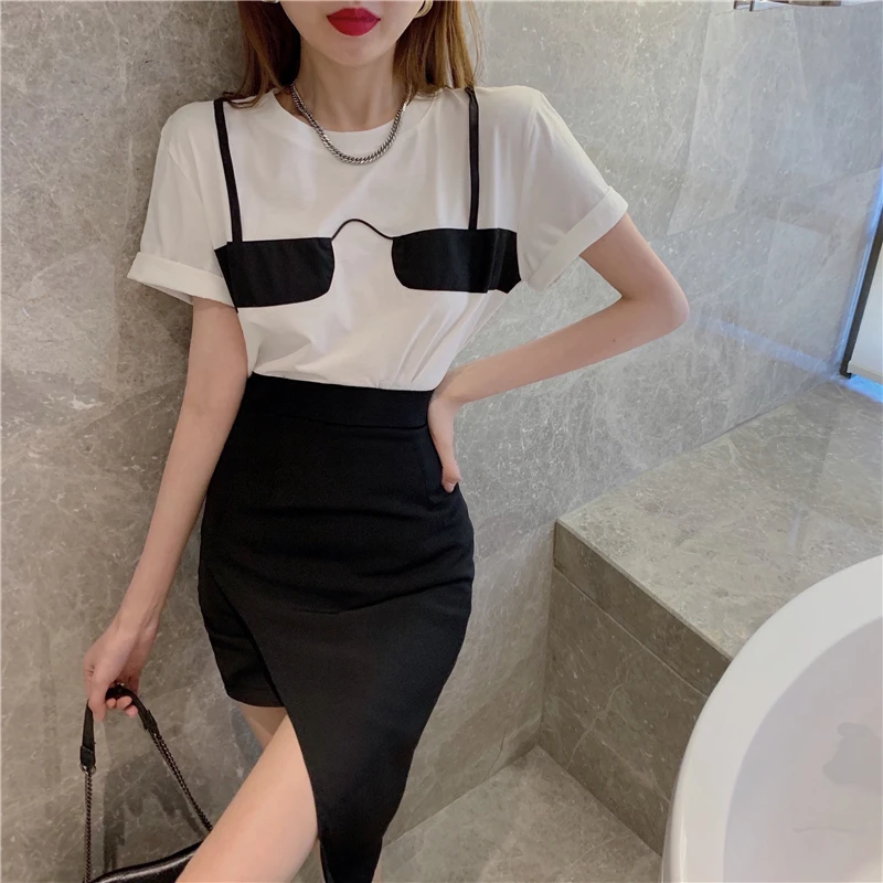 

2021 Summer Casual women Fake two-piece Round Neck Short-Sleeved T-shirt + irregular high waist bag hip skirt two-piece Sets