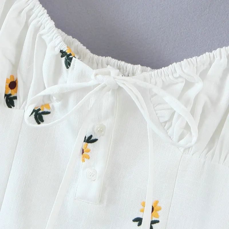 

Summer Women Flower Embroidered White Cotton Linen Dresses Puff Short Sleeve Horizontal Neck Drawstring Straight One Piece Robe