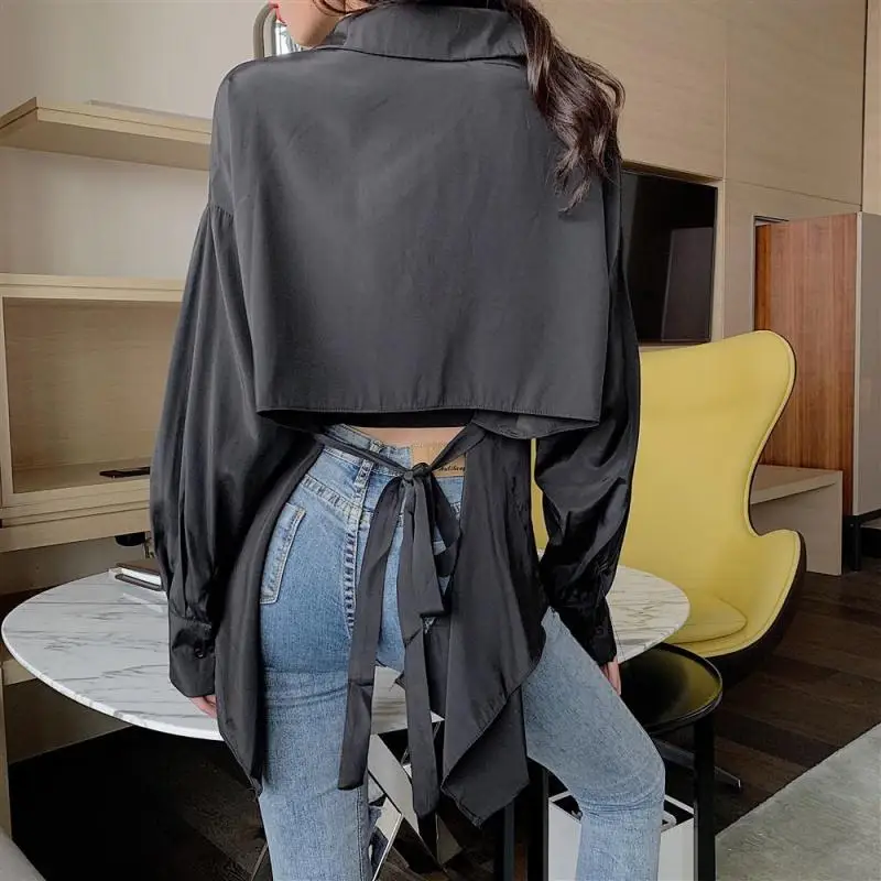 

JSXDHK New Fashion Women Blouse Tops Autumn Turn Down Collar Chiffon White Loose Shirt Sexy Backless Bow Irregular Tops Femme