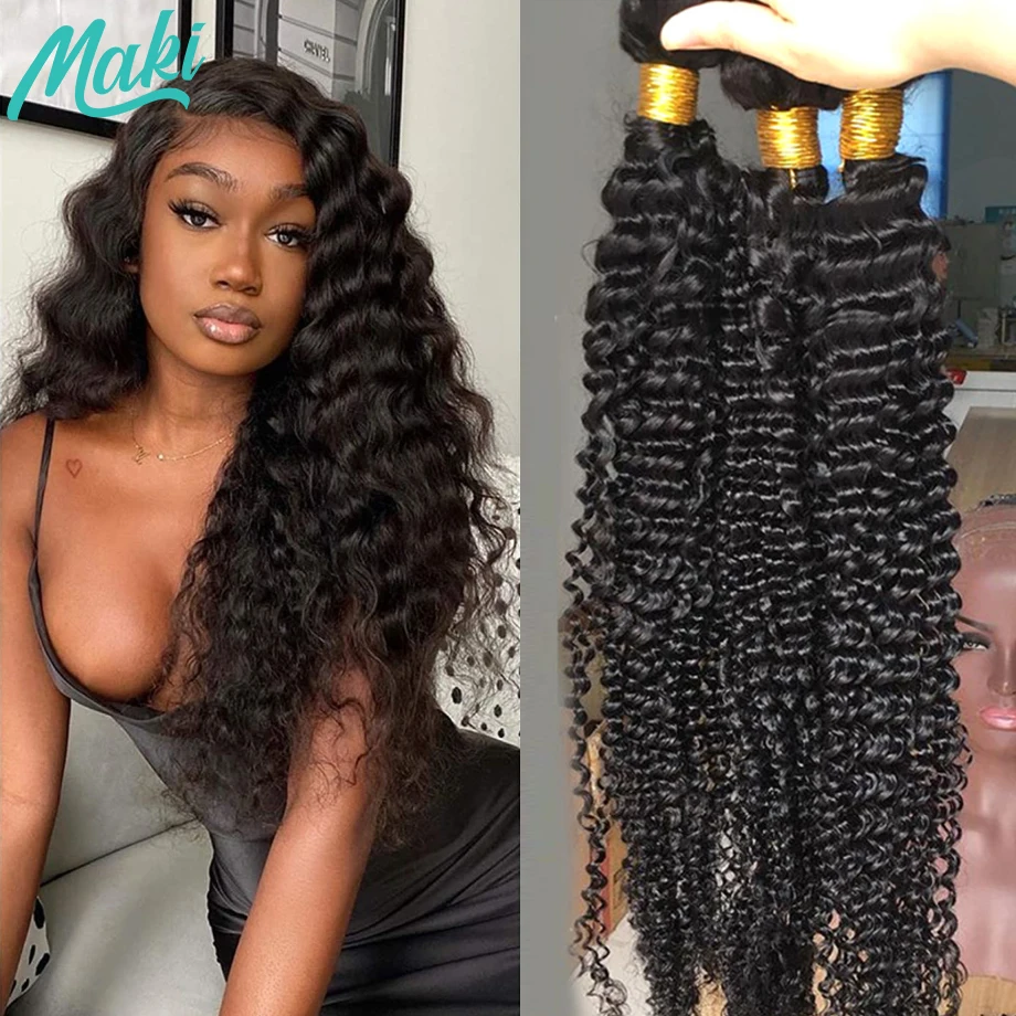 

MAKI Brazilian 28 30 32 Inch Brazilian Deep Wave Hair Bundles Kinky Curly Hair Weaves 1 3 4 Bundles Remy Human Hair Extensions