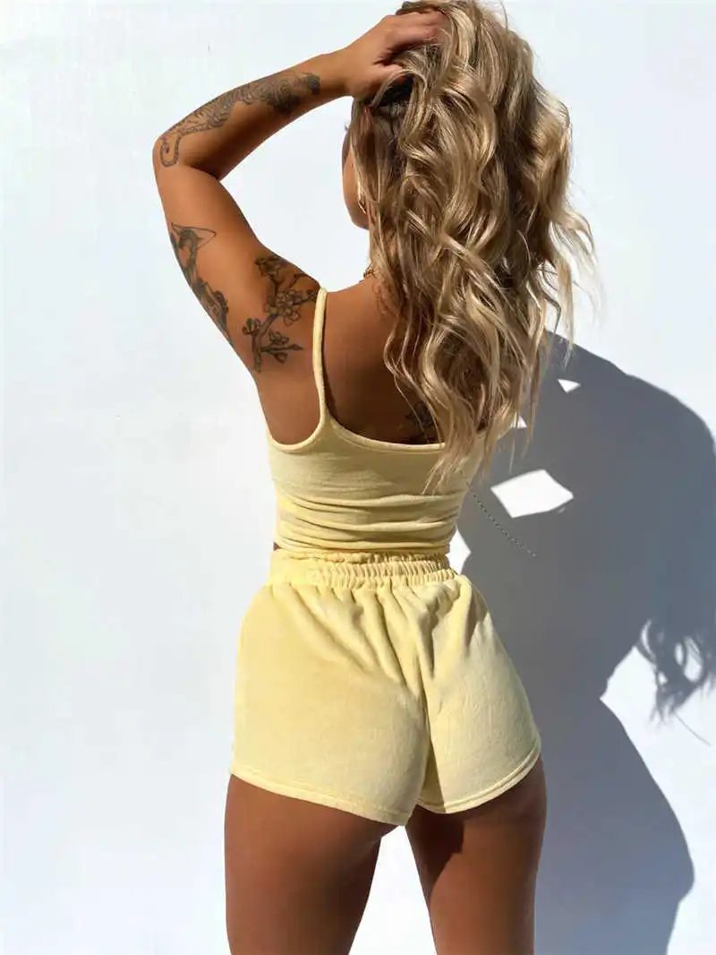 

Sweet Two Pieces Sets for Women Girls Print Sport Suits Summer Female Strappy Camis Crop Tops+Lace-up Shorts Outfits