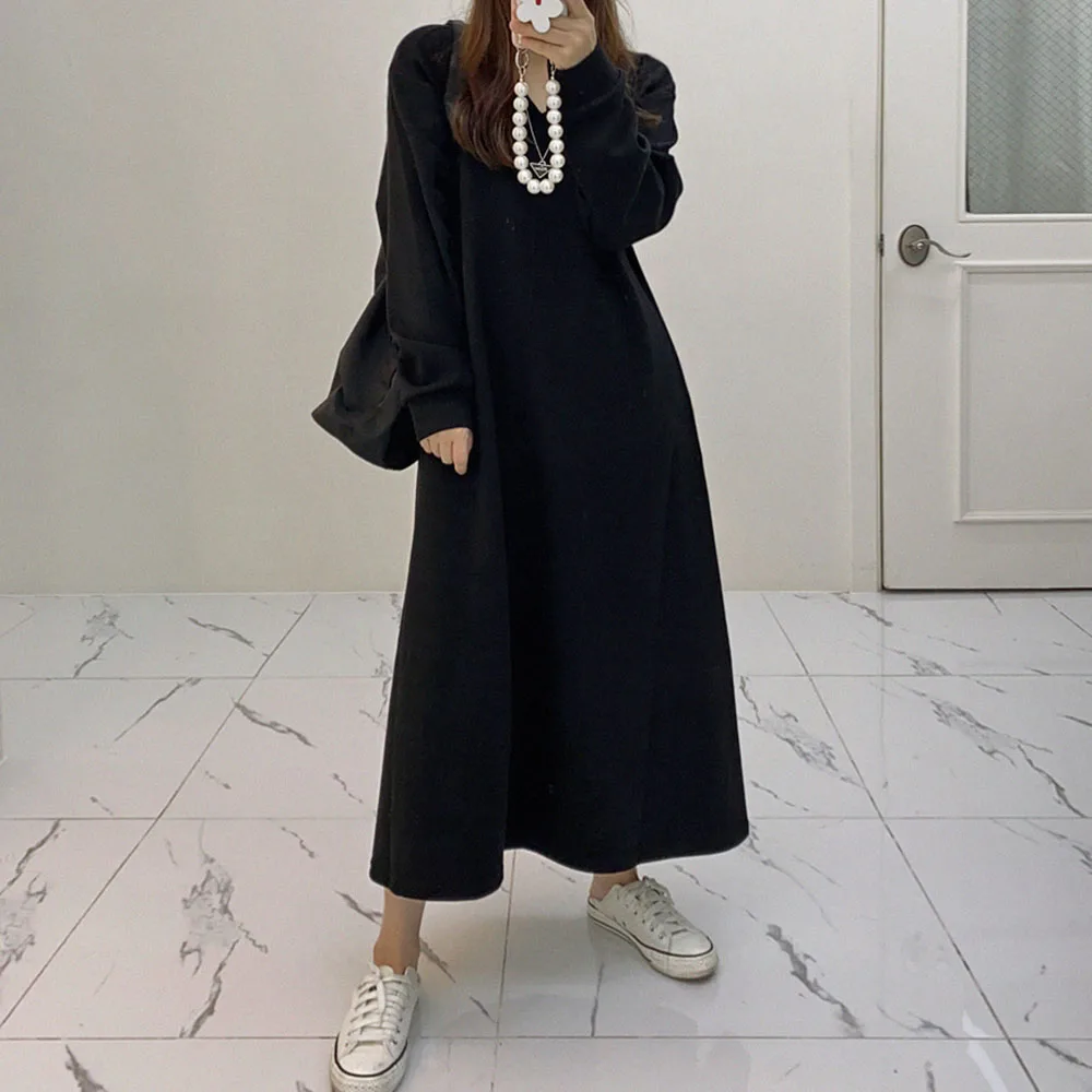 

2021 Autumn Winter Women Dress Korean Fashion Solid Color Casual V-neck Long Sleeve Loose Simplicity Women Hoodie Dress