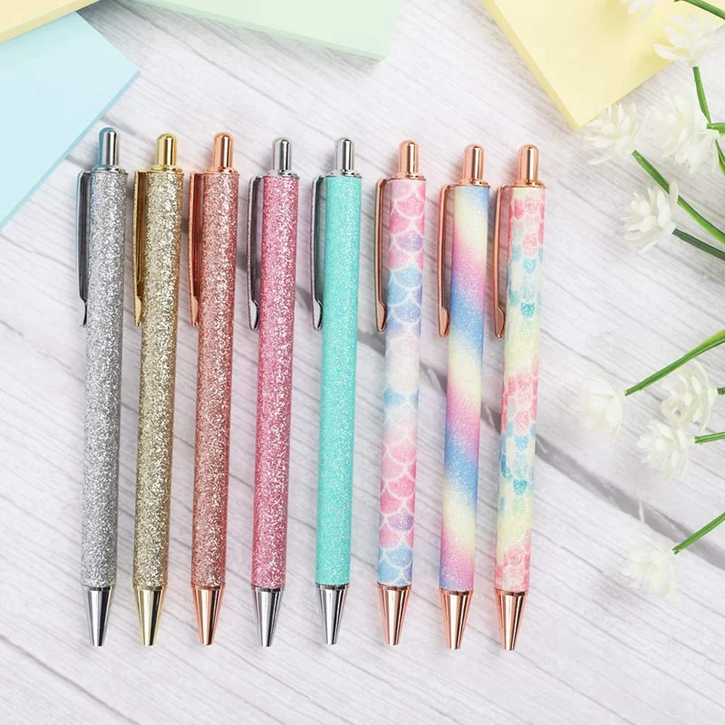 

8Pcs Ballpoint Pens Metal Retractable Pen, Black Ink Medium Point 1Mm, Glitter Rose Gold Click Ball Pens, Gifts for Women, Schoo