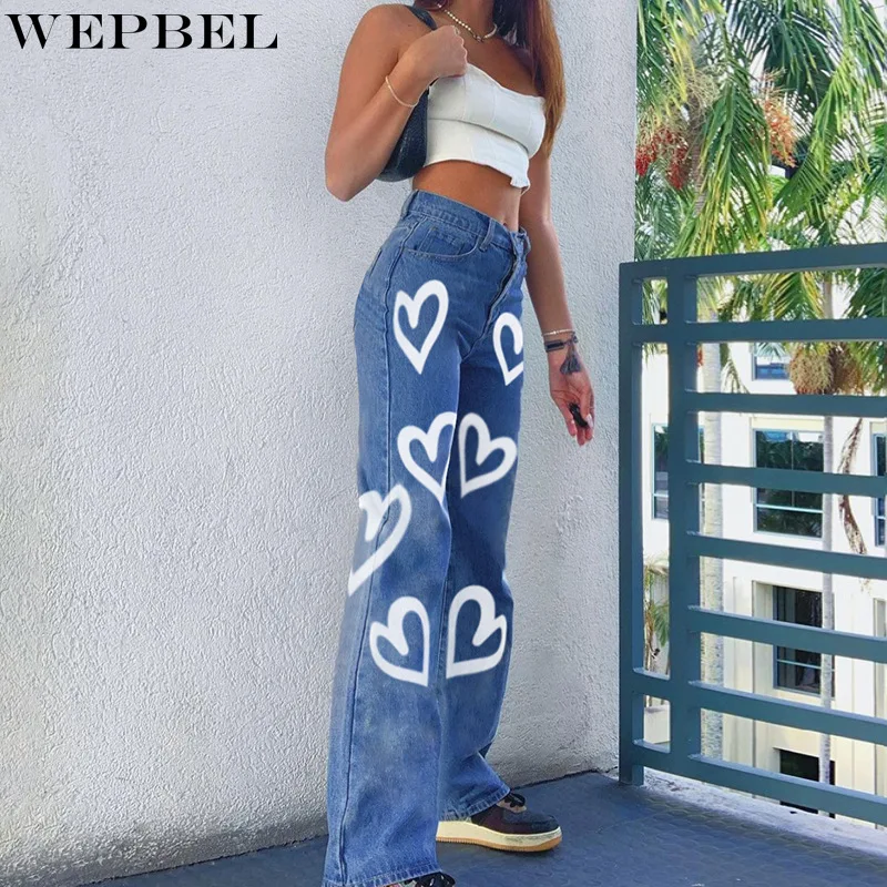 

WEPBEL Vintage Heart Print Jeans Women Loose High Waist Harajuku Denim Pants Streetwear Ladies Straight Denim Trousers