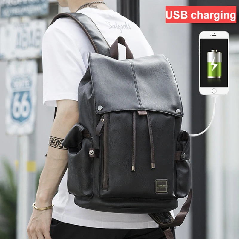 

PVC Leather Backpack Bag with USB Charging Port Mens Travel Backpack Laptop Backpack Casual Daypacks College School Computer Bag