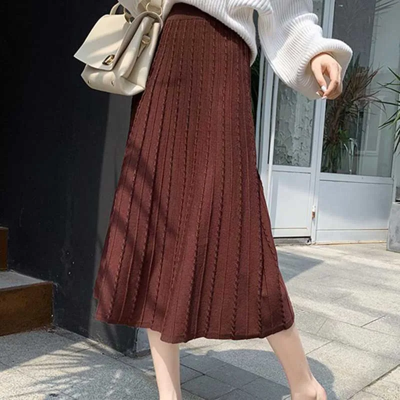 

High Waist Skirt Womens Knitted Autumn Korean Street Solid Retro Skirts Ladies Black Saias Fashion Chic Faldas Femme