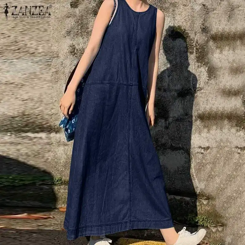 Фото Платье ZANZEA женское длинное джинсовое Модный повседневный Однотонный сарафан в
