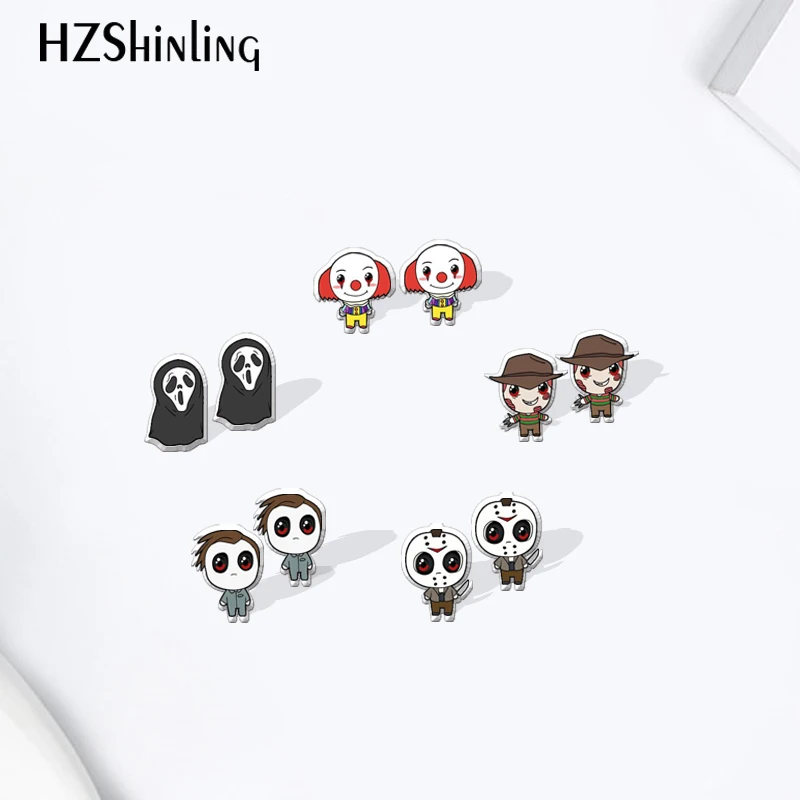 

Хэллоуин ужас убийца Пенни мудрый Джейсонс Узор Акриловые серьги-гвоздики Смола эпоксидные уши ювелирные изделия