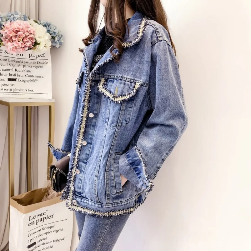 

Fashion Tassel Long Sleeve Denim Coat Female Streetwear Autumn Loose Single Breasted Jean Jacket Harajuku Boyfriend Blue Outwear