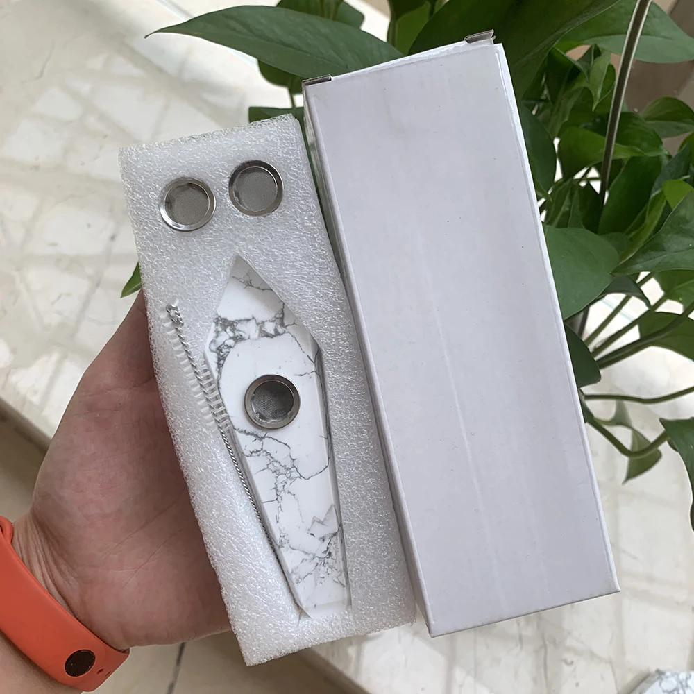 Курительная трубка Howlite из натурального кварца с кристаллами + ситечко кварцевый