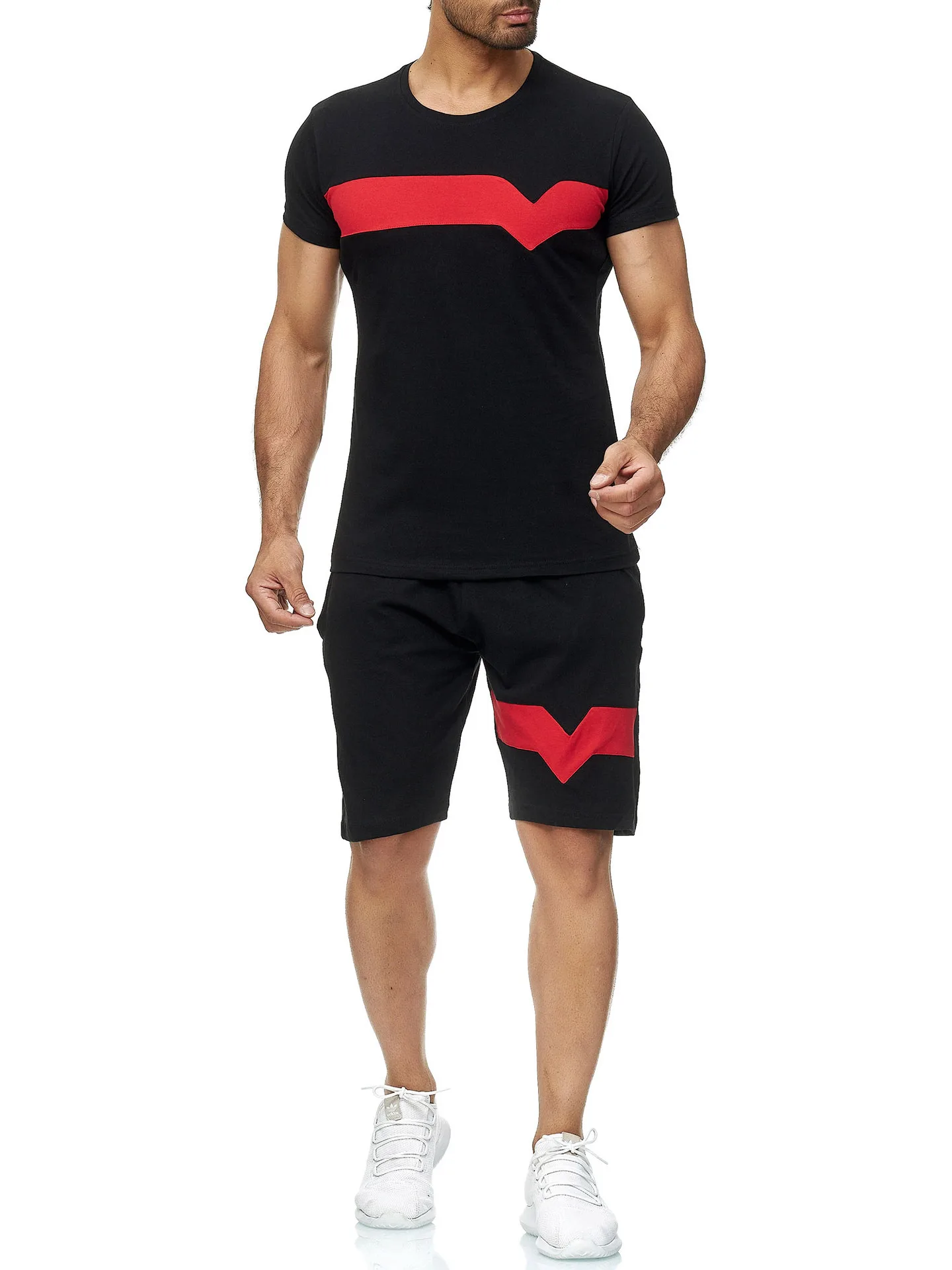 

Cross-border hot sale men's summer sports suit men's short-sleeved short cotton color matching casual fitness shorts running sui