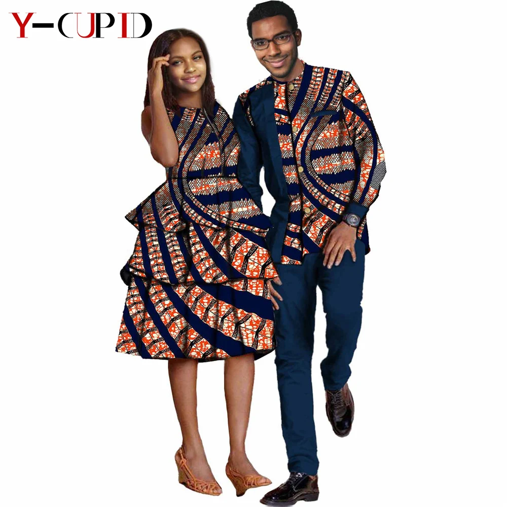 African Clothes for Couples Women Ankara Print Mulit Layer Dresses Matching Men Outfits Shirt and Pants 2 Pieces Sets Y21C006