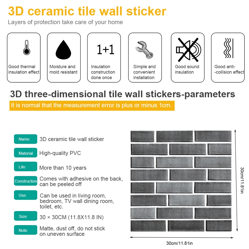 

12pcs 3D Wall Tile Stickers 30x30cm Self-adhesive Waterproof Soundproof Anti-Collision Simulation Brick Kitchen Bathroom Decor