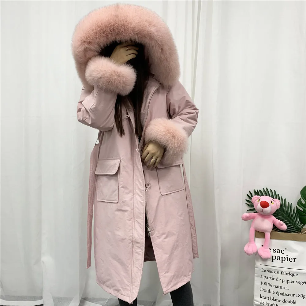 Женская парка с капюшоном длинная свободная розового цвета длинным рукавом и