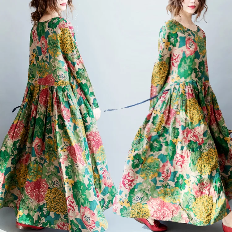 

Female new summer and beginning autumn plus size ethnic style Chinese elements big flower big swing mopping dress