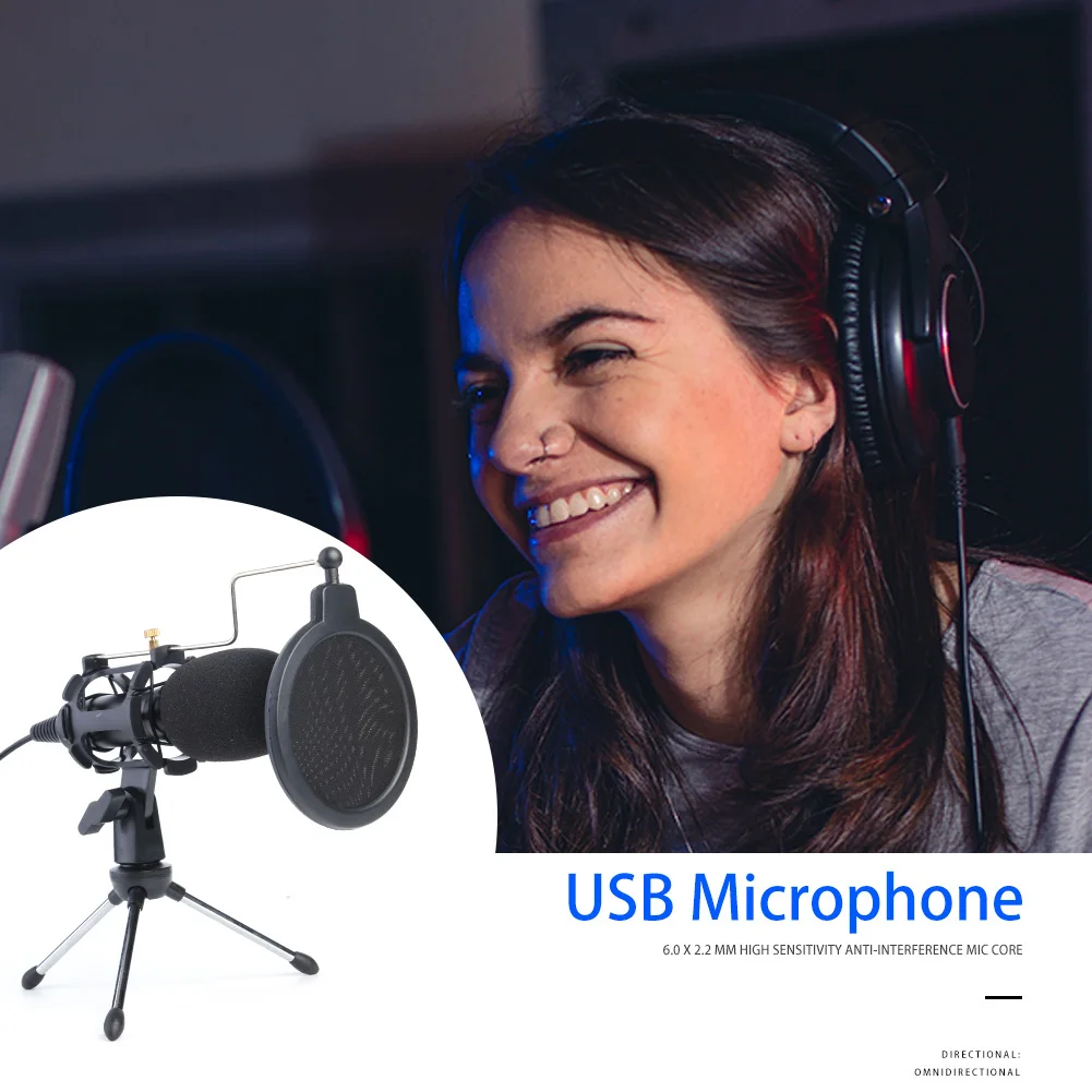 USB Microphone Wired Condenser Studio Karaoke Mic Omnidirectional with Stand Clip for PC | Электроника