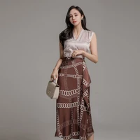 zuoman summer suit skirt ol 2 pieces suits sleeveless v neck shirt crop top high waist irregular print skirt casual set