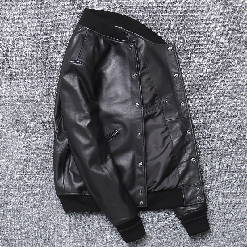 

Genuine Leather Men's Soft Sheepskin Baseball Jacket Casual Slim Fit O-neck Moto Biker Coats Male Fast Ship Free