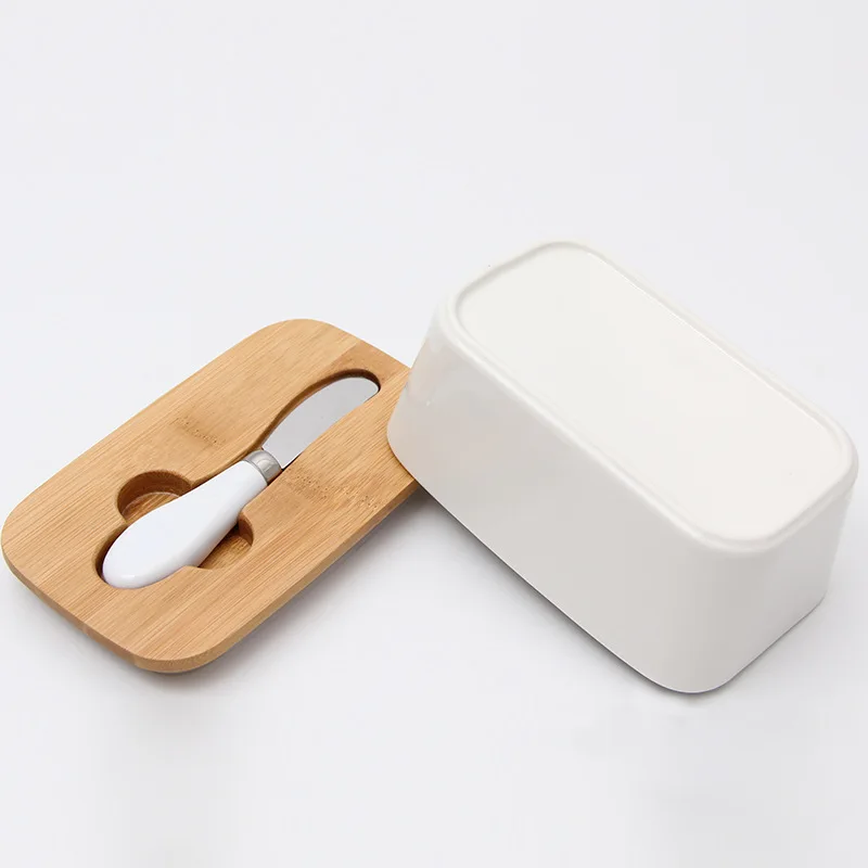 

Nordic Butter Sealing Box Ceramic Butter Plate With Wood Lid And Knife Cheese Storage Tray Food Dishes Container For Kitchen