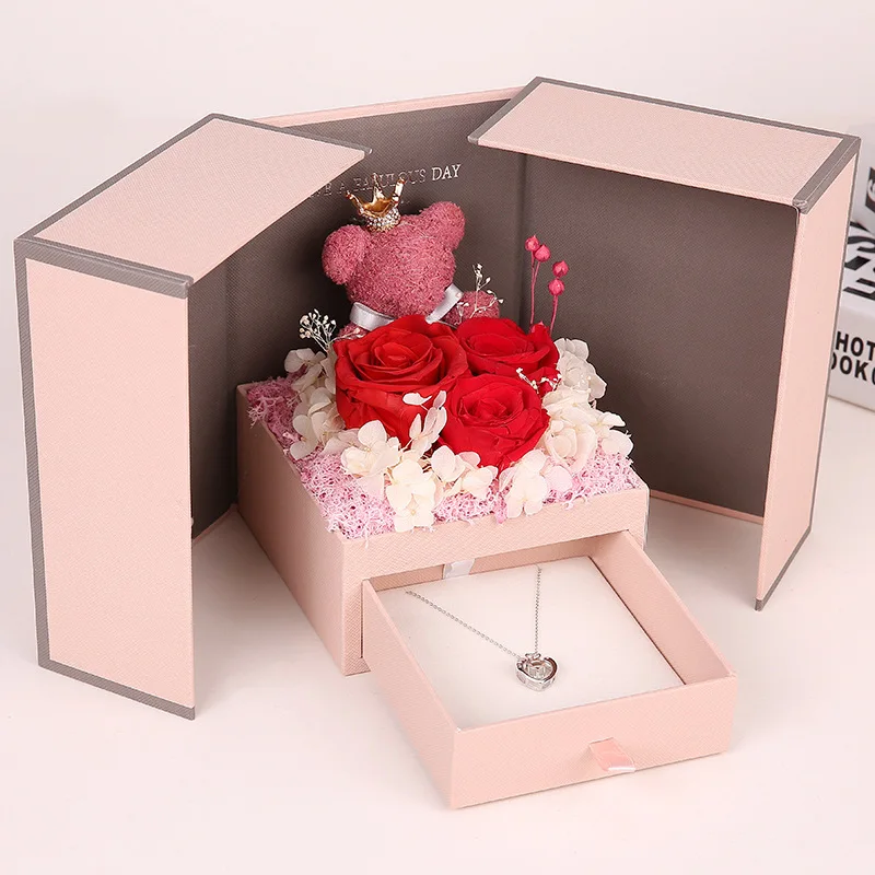 Birthday Valentine's Mother's Day Wedding Anniversary necklace gift box bear rose soap flower Artificial flower bouquet for gift